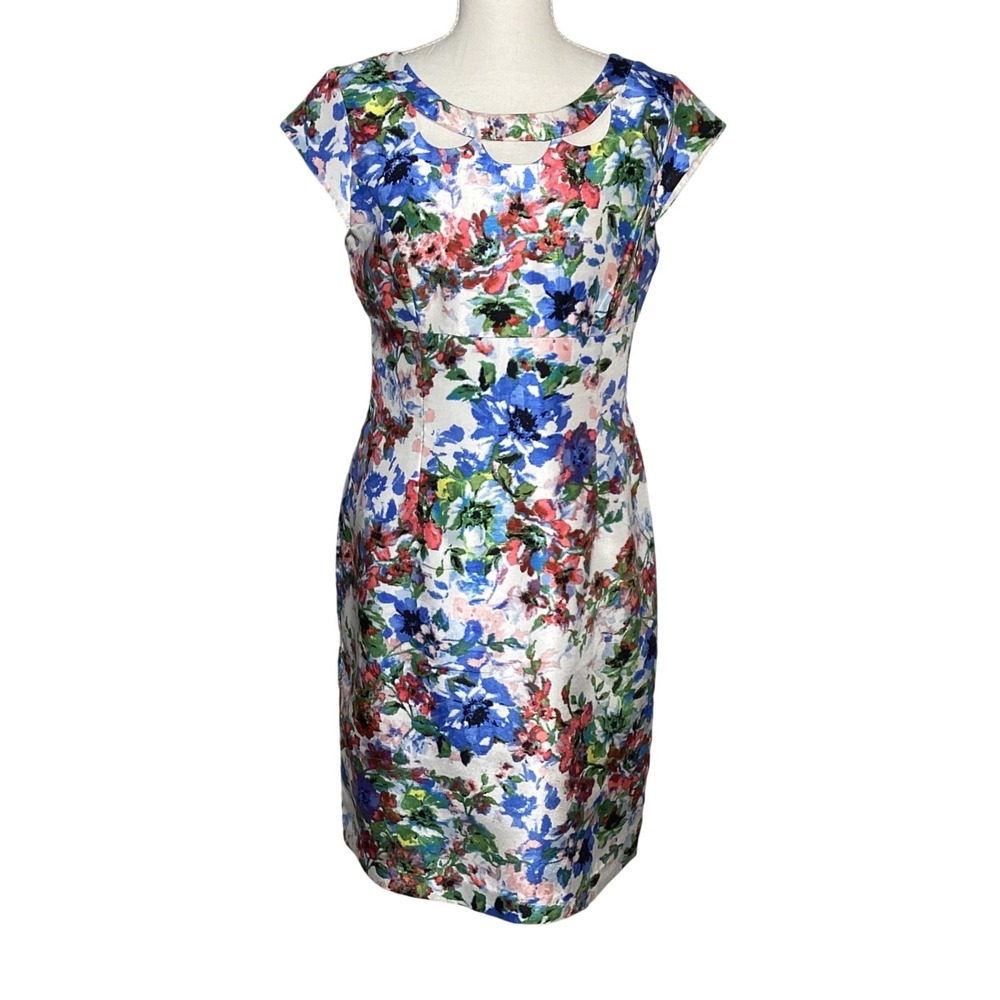 Liz Claiborne Floral Sheath Women Dress Size 6 Cutout Neckline Cap Sleeve